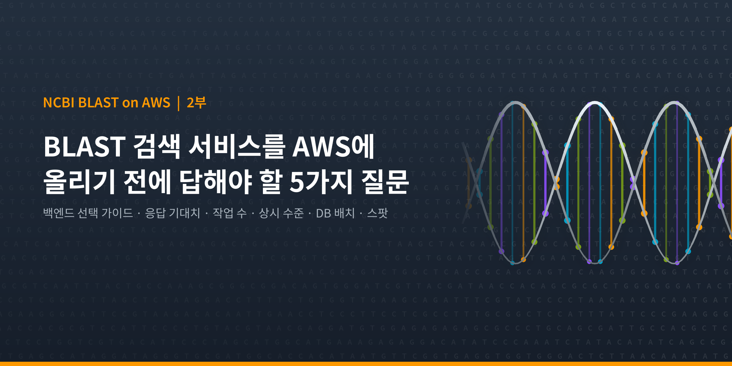 NCBI BLAST on AWS 시리즈 2부 대표 이미지: BLAST 검색 서비스를 AWS에 올리기 전에 답해야 할 5가지 질문