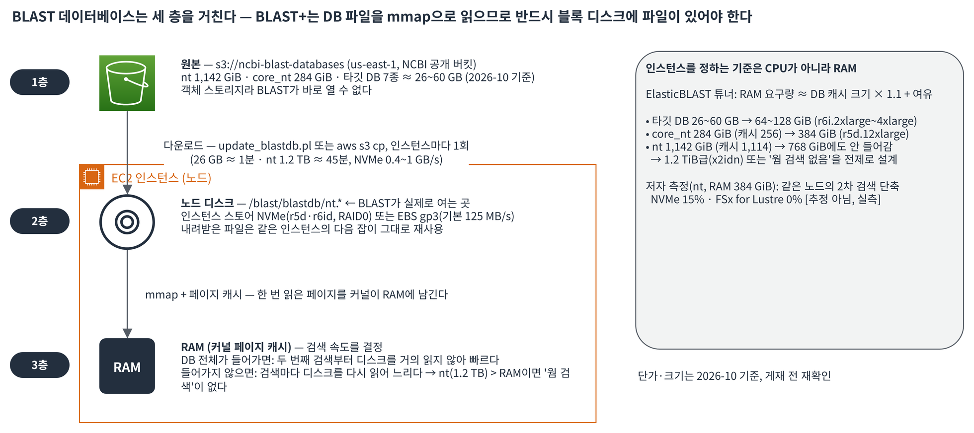 BLAST 데이터베이스가 거치는 세 층. 1층 S3 원본(NCBI 공개 버킷), 2층 노드 로컬 디스크(BLAST가 mmap으로 여는 곳), 3층 RAM 페이지 캐시(검색 속도를 결정). 오른쪽에 RAM 기준 인스턴스 선택 규칙과 nt가 RAM보다 클 때 웜 검색이 없다는 실측 요약.